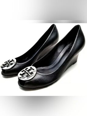 Tory Burch Designer Black Leather Peep Open Toe Wedge Pump Heels Size 7M